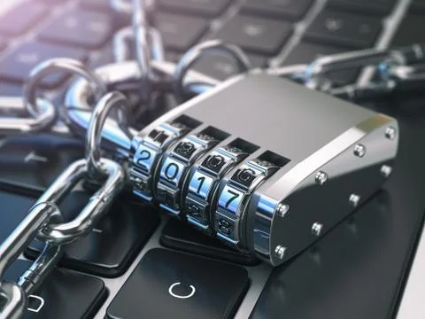 .Computer security or safety concept. Laptop keyboard with lock password 20.. 스톡 일러스트