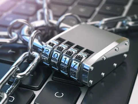 .Computer security or safety concept. Laptop keyboard with lock password 2... Stock-Fotos