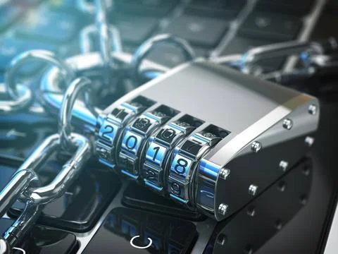 Computer security or safety concept. Laptop keyboard with lock password 20... Stock-Fotos