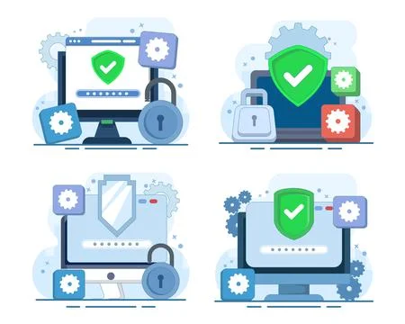 Computer security set featuring protected PCs, firewall defense, padlocks. 스톡 일러스트