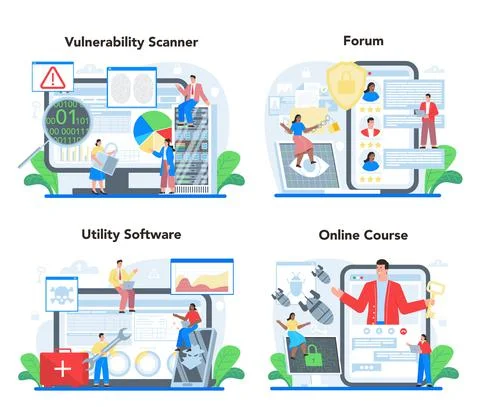Computer security specialist online service or platform set. Idea of digital Stock Illustration
