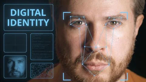 Computer security system scanning caucasian man's face. Digital identity related Stock Photos