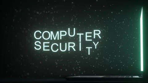 COMPUTER SECURITY text made with letters flying off laptop screen. 3D rendering Ilustración de archivo