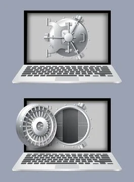 Computer security vector laptop and safe on screen Illustrazione stock