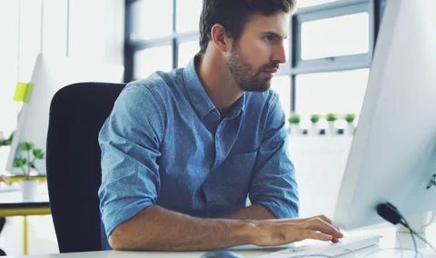 Computer, serious or hacker man for cybersecurity, app coding or data analysis 写真素材