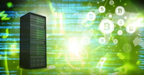 Computer server and bitcoin technology information interface Stock Illustration