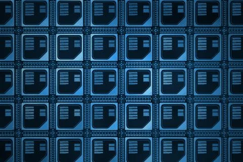 Computer Server Concept. Silicone Wafer with Rows of Microchip CPU in Blue Ke 스톡 일러스트