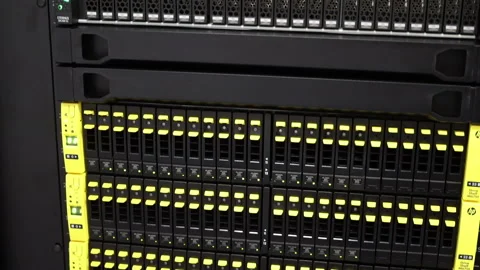 Computer server operation vertical panorama on the display panel with green Stock Footage 159424485