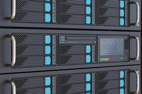 Computer server rack close up. Selective focus. 3d illustration. Stock Illustration
