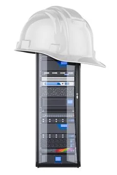 Computer Server Rack with hard hat. Service and maintenance, concept. 3D re.. Stock Illustration