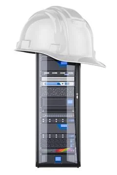 Computer Server Rack with hard hat. Service and maintenance, concept. 3D r... Stock Photos
