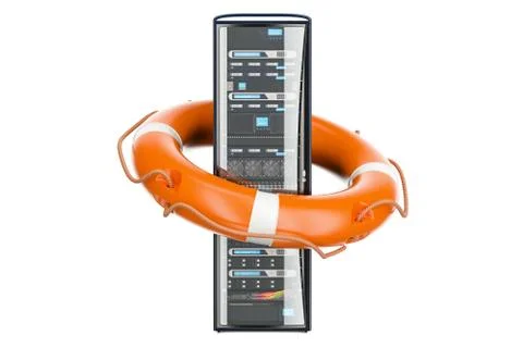 Computer Server Rack with  lifebuoy. Safety and protection concept, 3D render Stock Illustration
