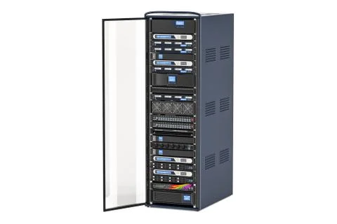 Computer Server Rack with opened door, 3D rendering 스톡 일러스트