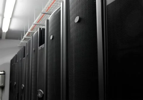 Computer Server in rack server. Door handles and grille closeup in data center	 Stock Photos