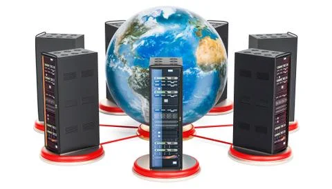 Computer Server Racks around the Earth Globe. 3D rendering Stock Illustration