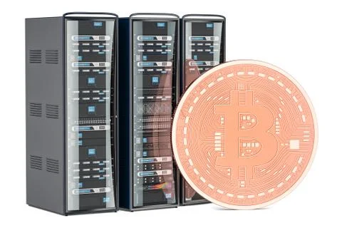 Computer Server Racks with bitcoin, mining concept. 3D rendering Stock Illustration