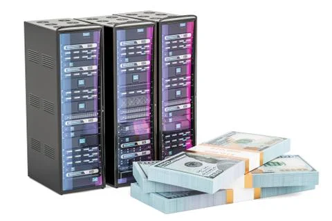 Computer Server Racks with dollar packs, e-business concept. 3D rendering Stock Illustration