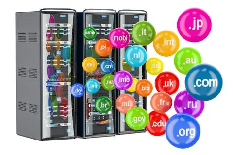 Computer Server Racks with domain names, 3D rendering 스톡 일러스트