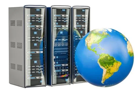 Computer Server Racks with Earth Globe. Global internet concept, 3D rendering Illustrazione stock