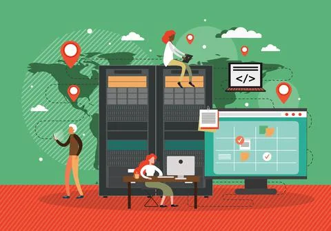 Computer server racks, engineers developing software. Data storage and transfer Stock Illustration