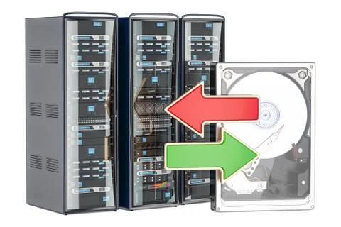 Computer Server Racks with green and red arrows, synchronization or backup co Stock Illustration