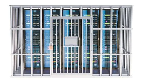 Computer Server Racks inside cage, prison cell. 3D rendering Illustrazione stock