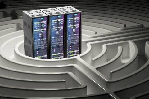 Computer Server Racks inside labyrinth maze, 3D rendering Stock Illustration