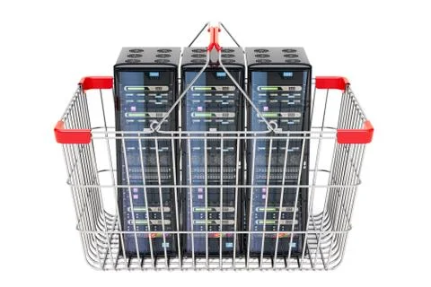 Computer server racks inside metallic shopping basket, 3D rendering Stock Illustration
