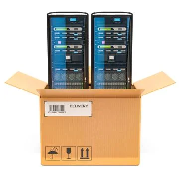 Computer Server Racks inside parcel, delivery concept. 3D rendering Stock Illustration