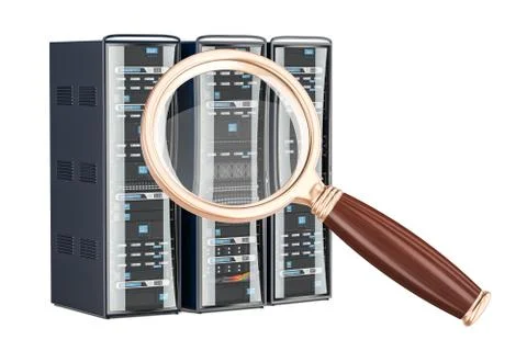 Computer Server Racks with magnifier, 3D rendering Stock-Illustration
