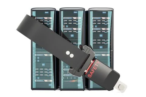 Computer Server Racks with seatbelt. Security and protection concept, 3D rend Stock Illustration