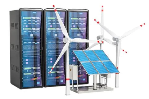 Computer server racks with solar panels and wind turbines, 3D rendering 스톡 일러스트