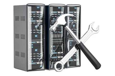 Computer Server Racks with tools. Repair and recovery concept, 3D rendering Stock-Illustration