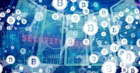 Computer servers and bitcoin technology information interface Stock Illustration