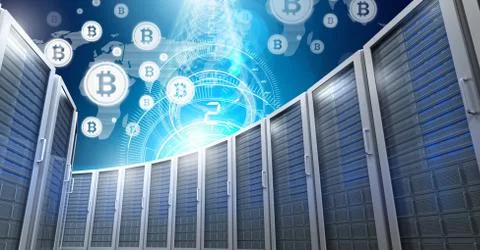 Computer servers and bitcoin technology information interface 库存插图