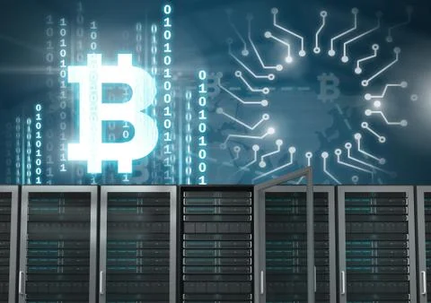 Computer servers and bitcoin technology information interface Stock Illustration