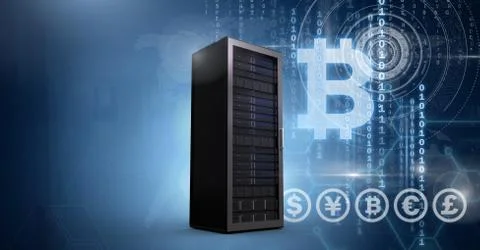 Computer servers and bitcoin technology information interface Stock Illustration