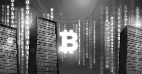 Computer servers and bitcoin technology information interface Illustrazione stock