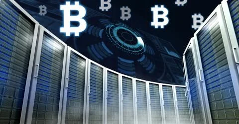 Computer servers and bitcoin technology information interface Stock Illustration