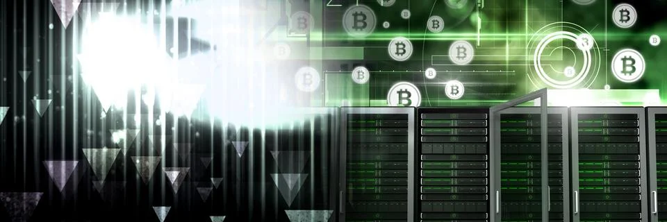Computer servers and bitcoin technology information interface transition Illustrazione stock