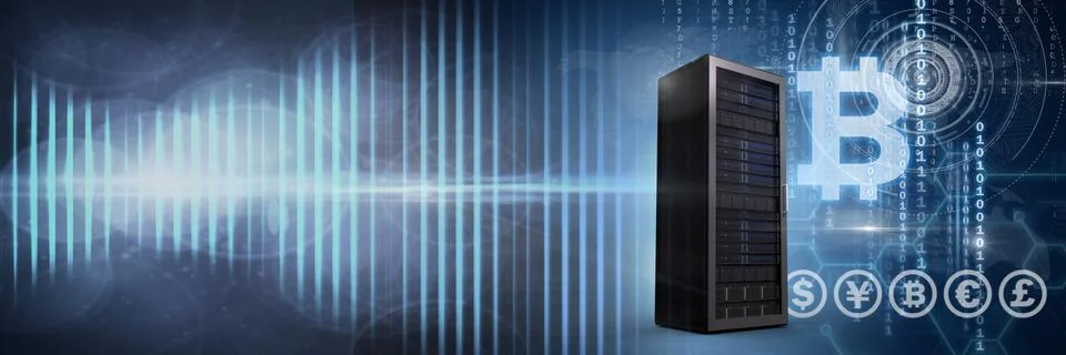 Computer servers and bitcoin technology information interface transition Stock Illustration