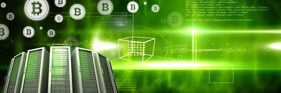 Computer servers and bitcoin technology information interface transition Stock Illustration