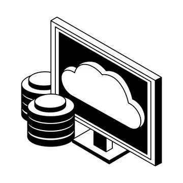 Computer with servers and cloud in black and white Stock Illustration