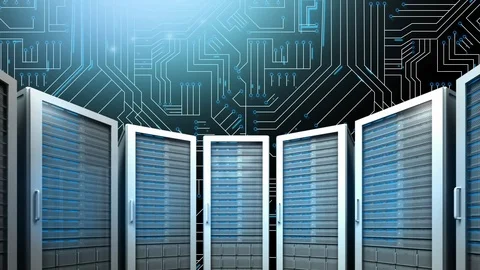 Computer servers on circuit board on dark blue background Stock Footage 114830856
