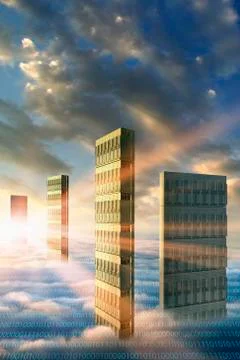 Computer servers in clouds with binary code 写真素材