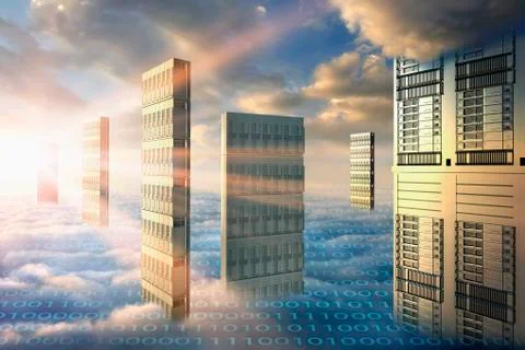 Computer servers in clouds with binary code Stock Photos