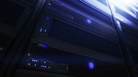 Computer servers in Data Center. detail shot. Loopable. Blue. 3 in 1.  Stock Footage 54838489