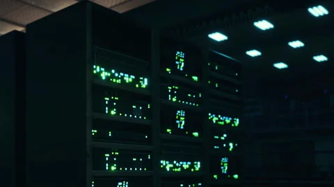 Computer servers display lights in a data center at night Stock Footage 342056818