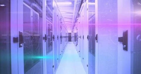 Computer servers in a server room with glowing lights Stock Illustration