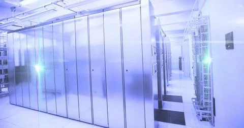 Computer servers in a server room with glowing lights Stock Illustration